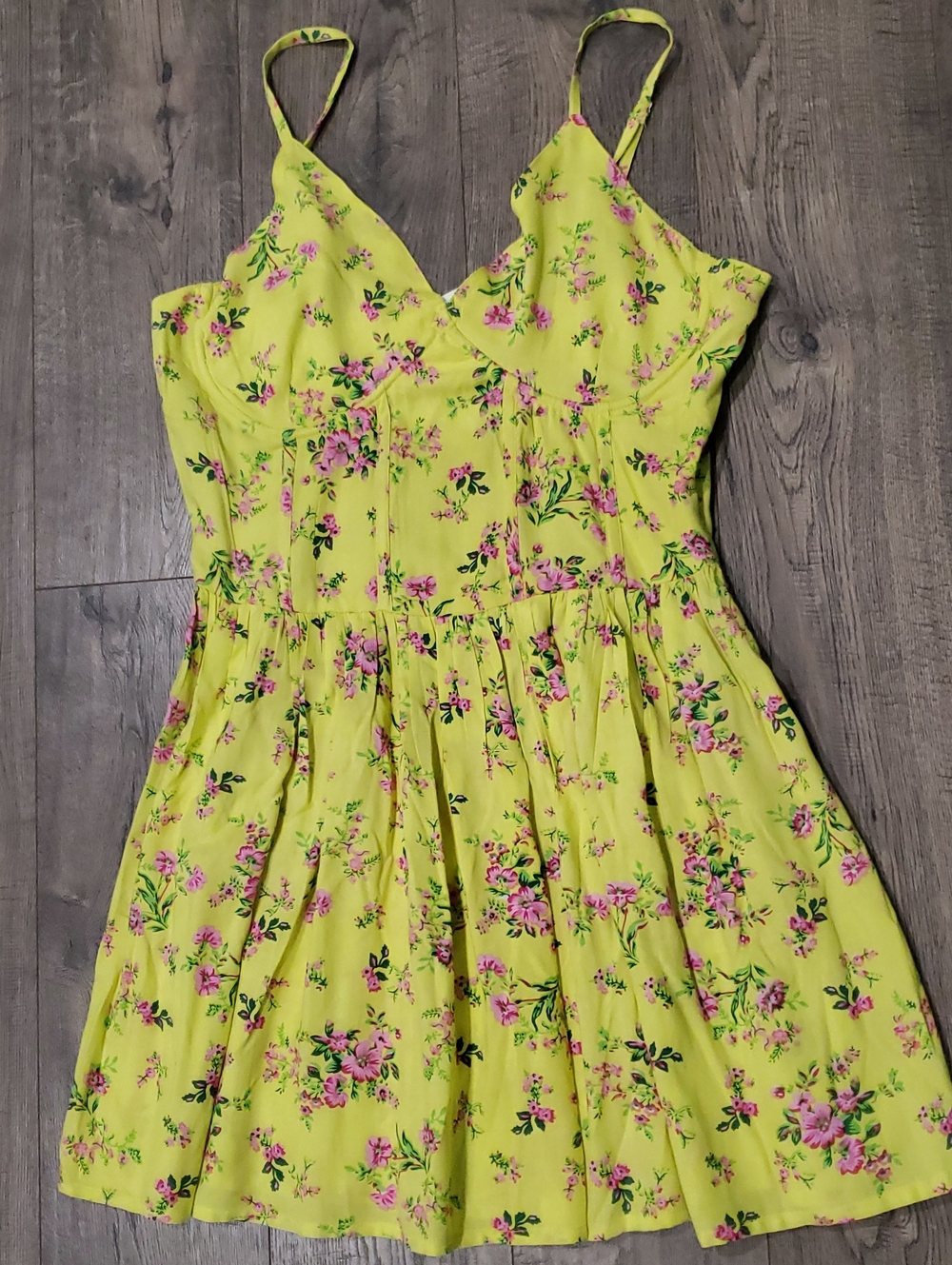 Yellow Floral Spaghetti-Strap Mini Dress with Pink Blossom Print